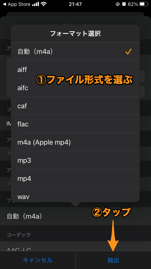 音声のファイル形式を選択して抽出をタップ